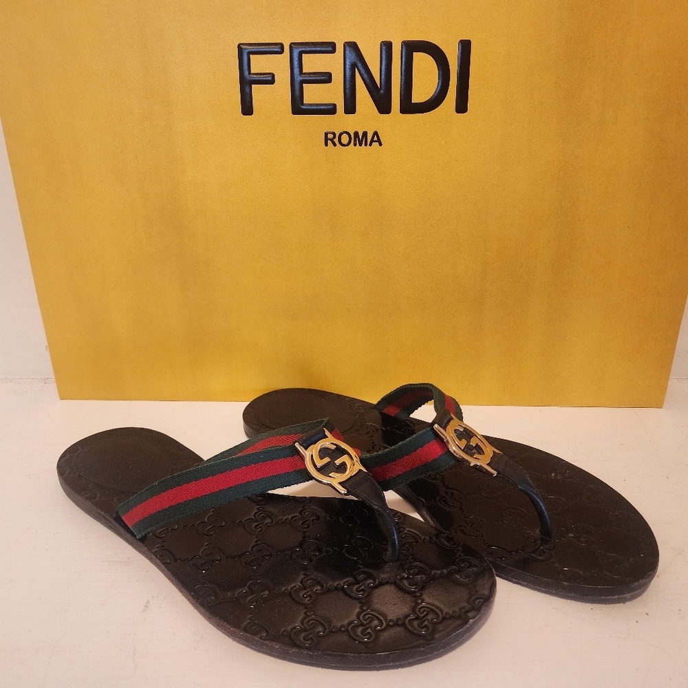 Gucci Black Flip Flops with Red and Green Accents